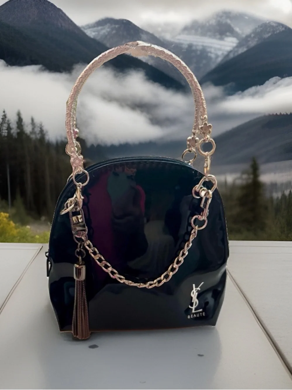 Yves saint laurent Black Patent Dome Bag with Gold Chain Handle